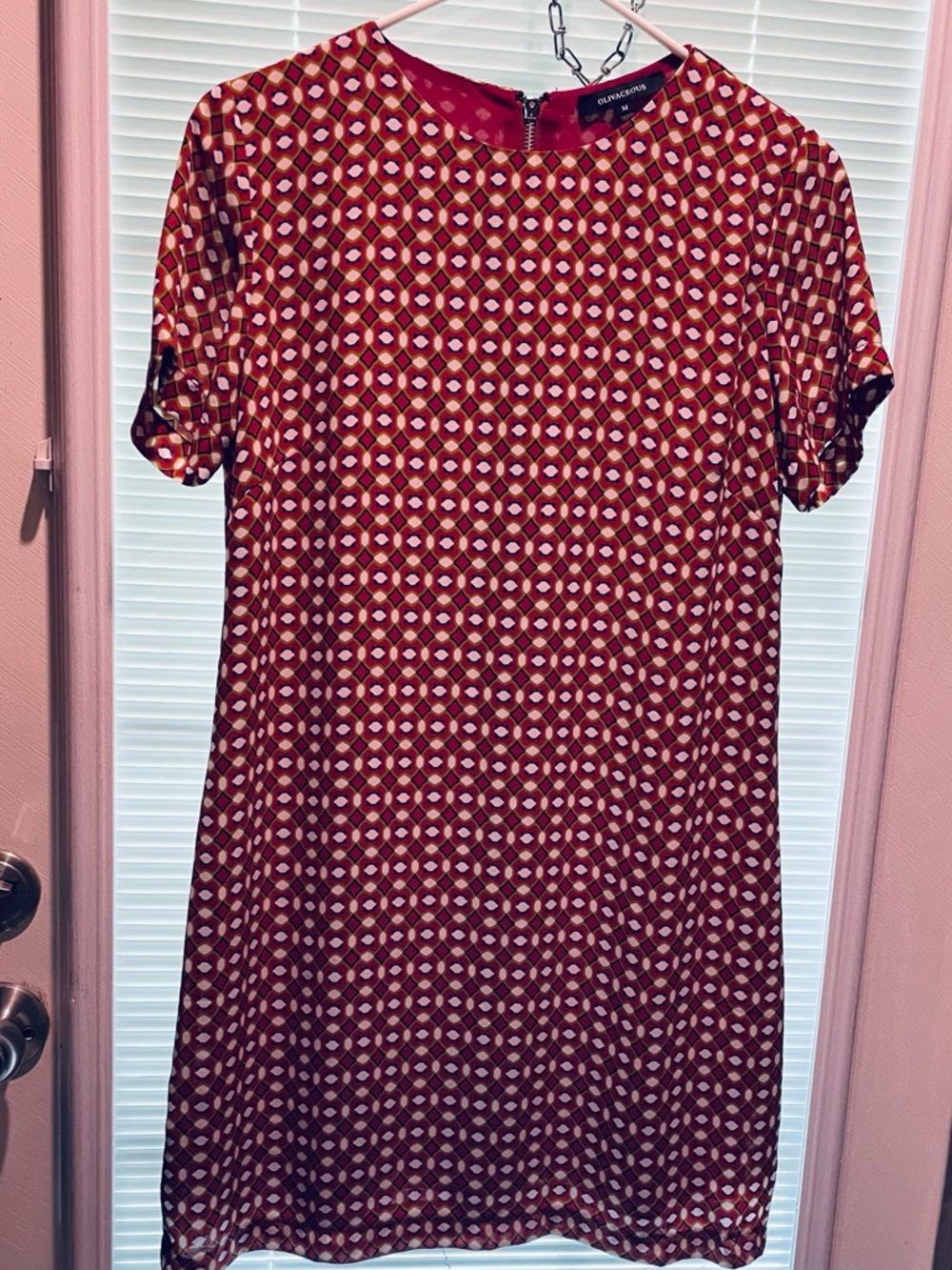 Olivaceous Red Geometric Short-Sleeve Shift Dress